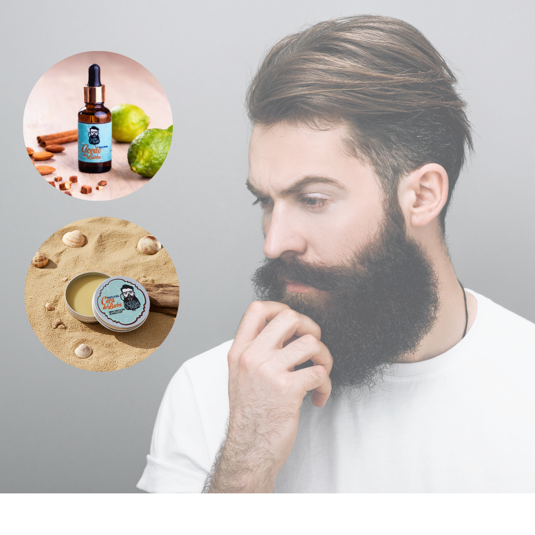 Hombre joven con barba prominente y expresión de confusión, junto a fotos circulares de la Cera de Barba y el Aceite de Barba Ocean Beard
